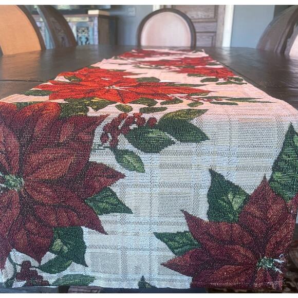Christmas Poinsettia Metallic Plaid Tapestry Table Runner 13x70 Cream Red NWT - Picture 1 of 9
